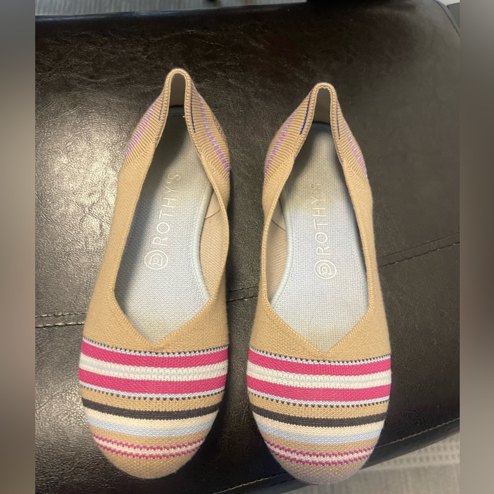 ROTHY’S Camel Ribbon Stripe Ballet Flats Merino Wool Women’s Size 9